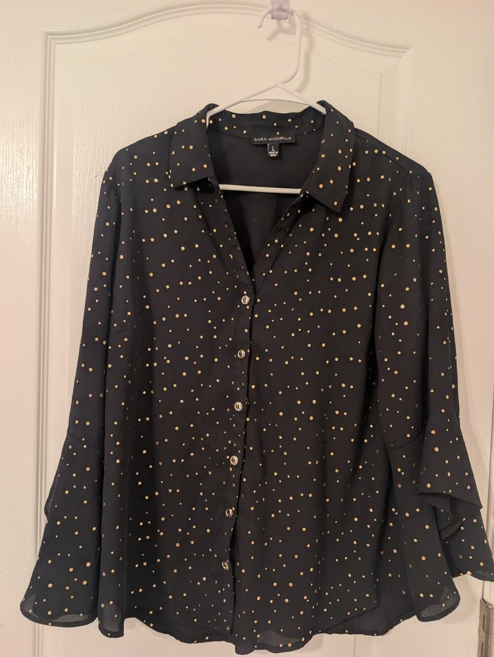 Sara Michelle Black & Gold Polka Dot Sheer Chiffon LightButton Dwon Top Large